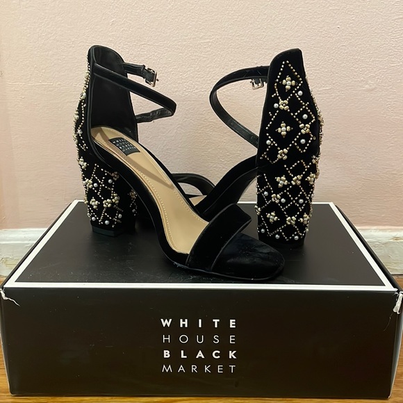 Pearl Embedded Suede Heels - Picture 1 of 5